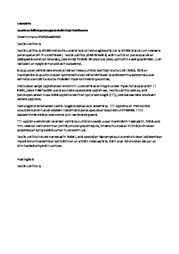 Teollisuusliiton lausunto luonnoksesta laiksi perusopetuslain muuttamisesta